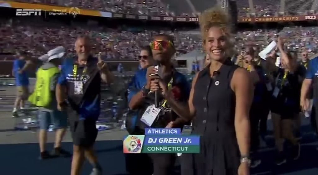 Jess Sims Special Olympics ESPN broadcast graphic with DJ Green Jr