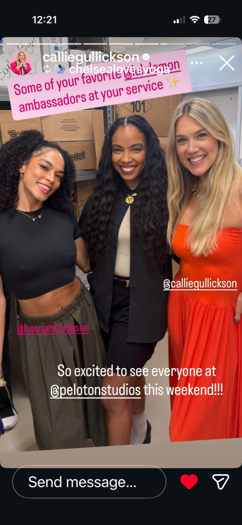 Callie Gullickson with Hannah Frankson and Chelsea Jackson Roberts at the lululemon Members' Weekend at Peloton Studios New York in June 2026
