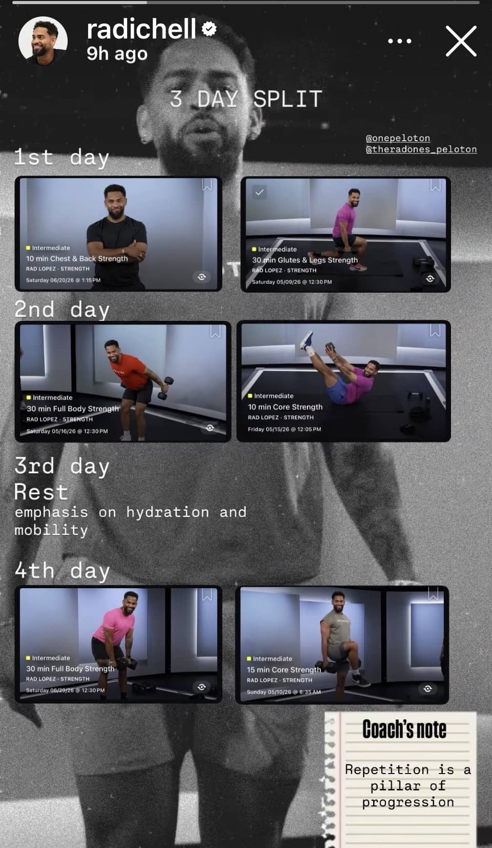 Rad Lopez confirmed his own strength program breakdown. See the Rad Lopez strength program and how to follow it on Peloton.