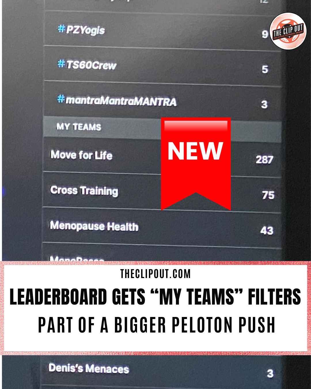 Peloton Teams Engagement - the leaderboard My Teams filter showing active member counts for several community teams