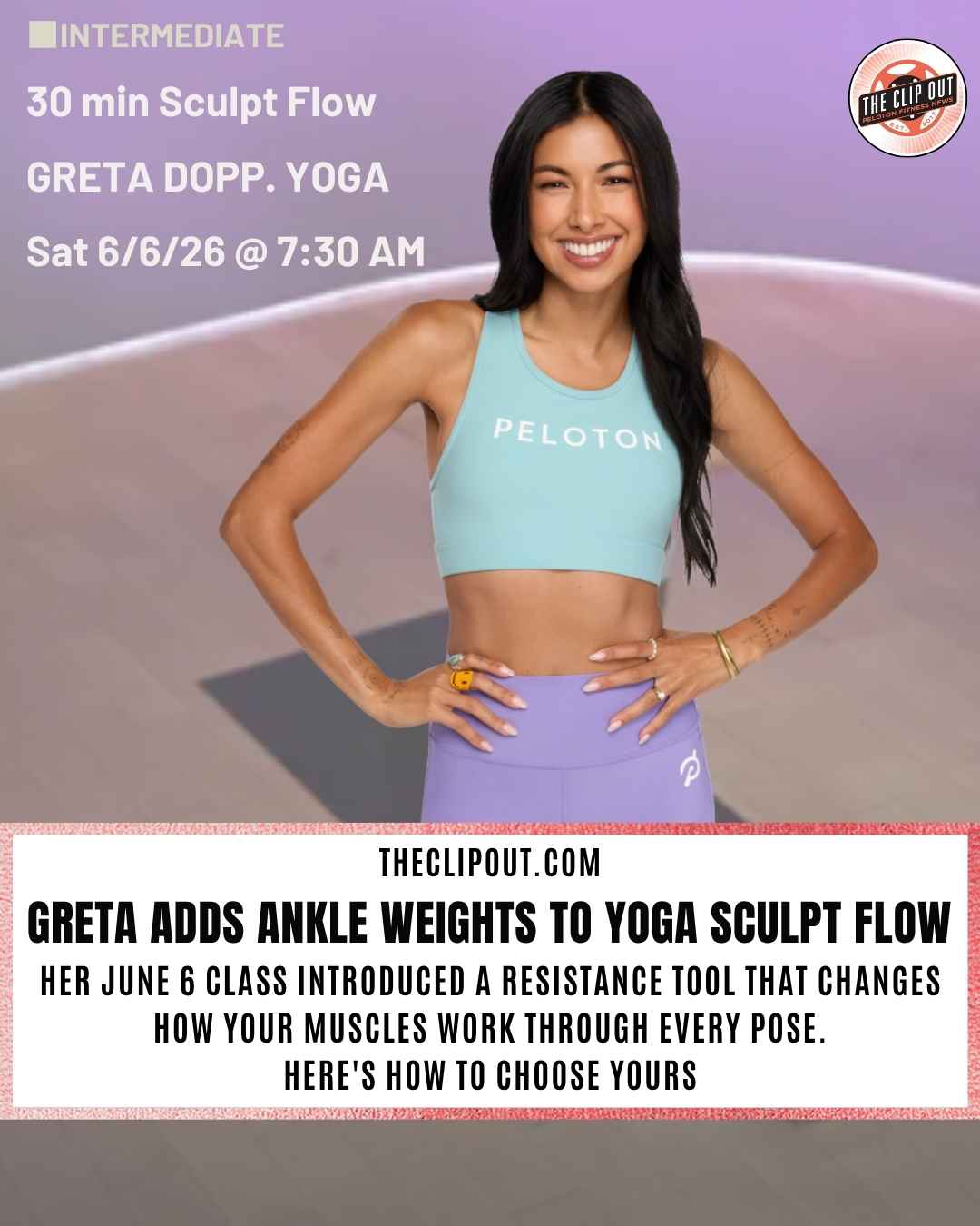 Peloton instructor Greta Dopp leading a Peloton Yoga Sculpt Flow class with ankle weights