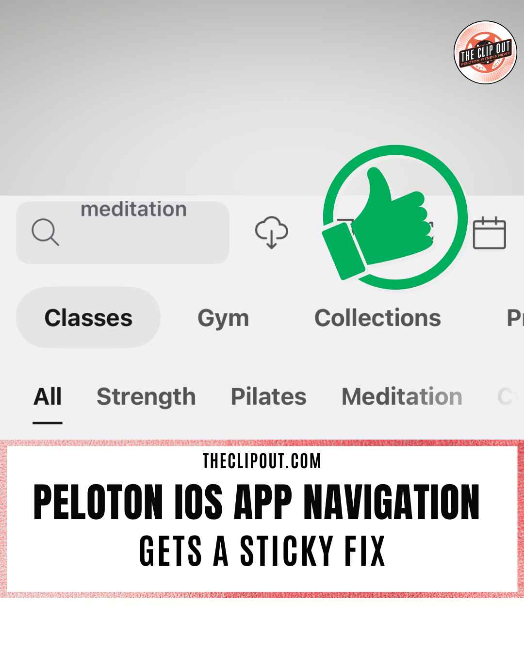 Screenshot of Peloton iOS app navigation showing pinned top-level tabs and sub-category filter row simultaneously