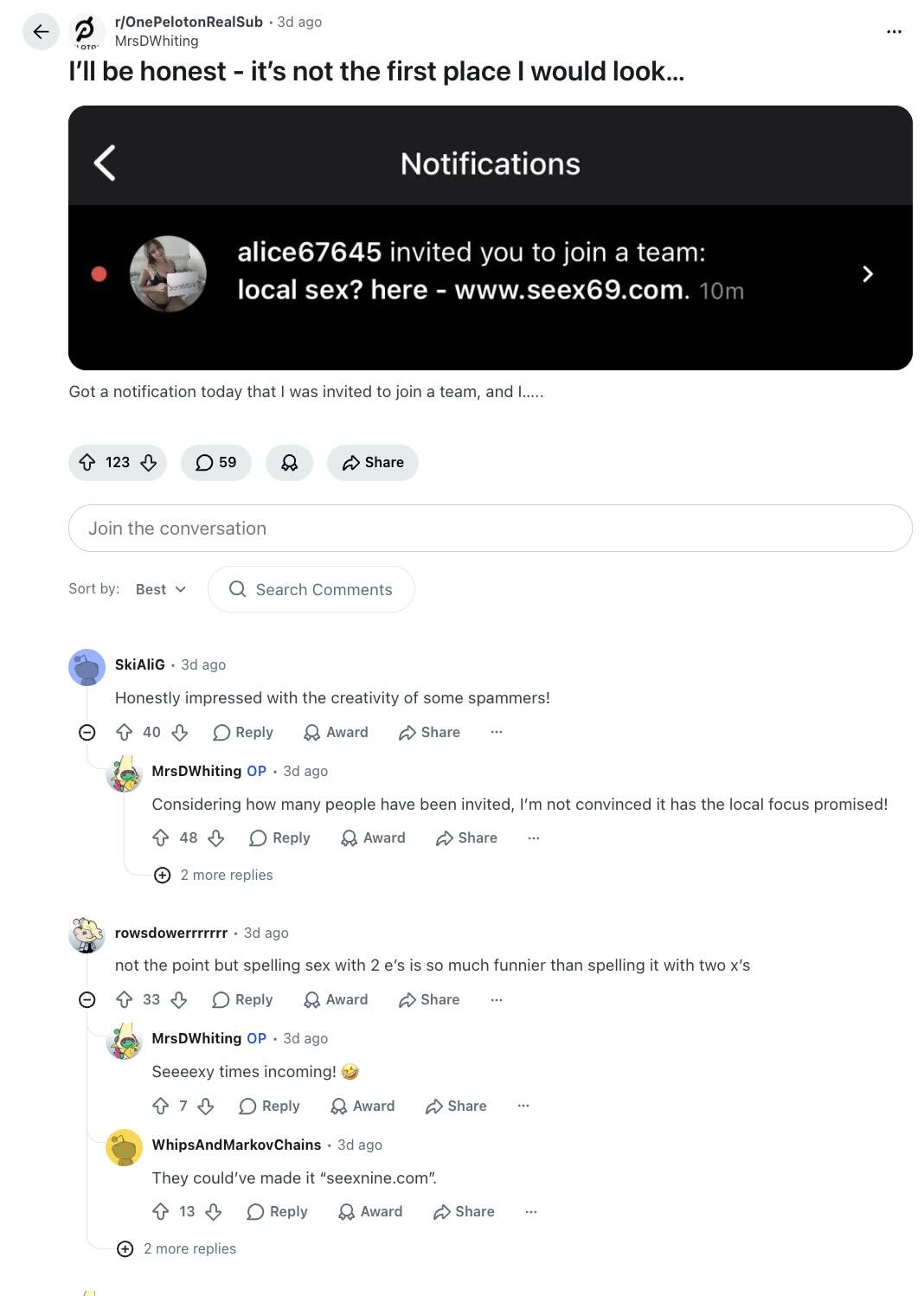 Peloton Teams spam notification showing a sex solicitation team invitation
