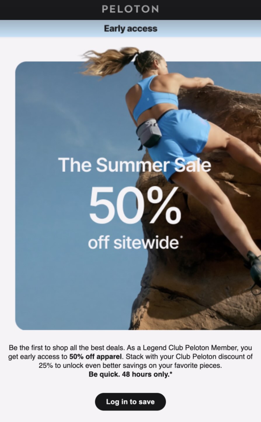 Club Peloton apparel sale banner showing 50% off sitewide promotion for early access members