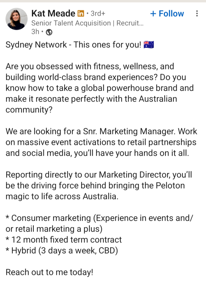 Peloton Australia jobs Senior Marketing Manager Sydney listing
