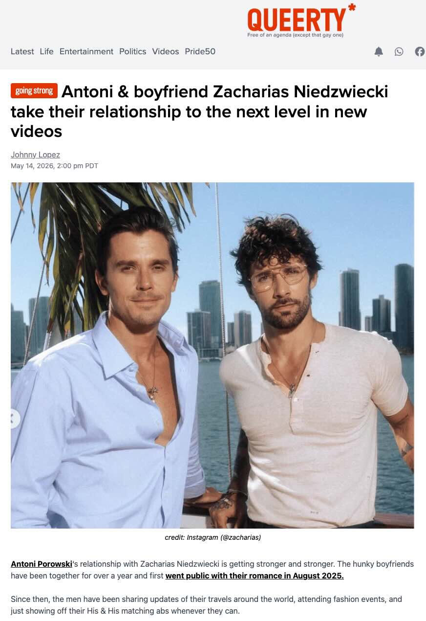 Zacharias Niedwwiecki and Antoni in Queerty article