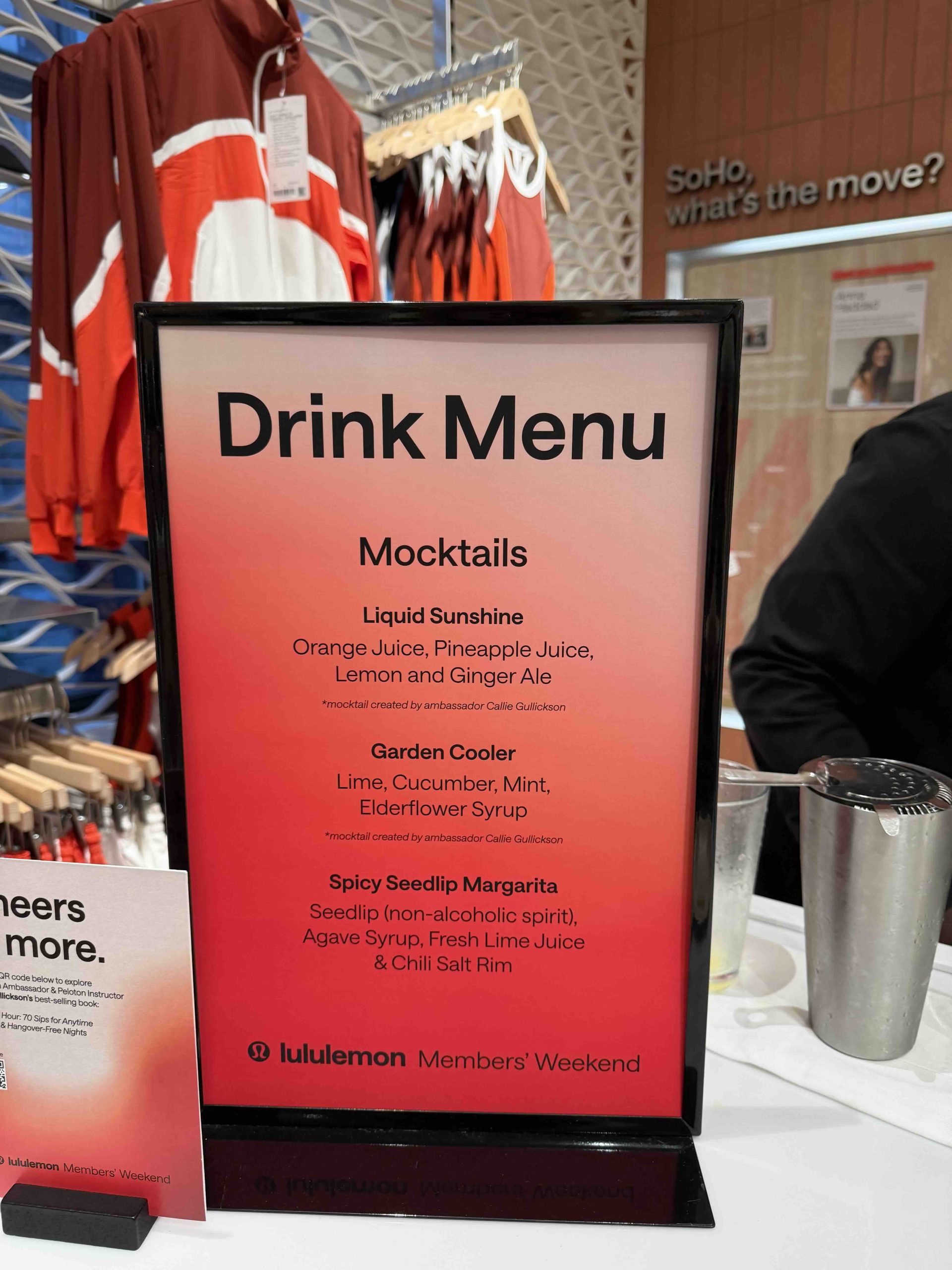 lululemon members weekend drinks menu from Callies book