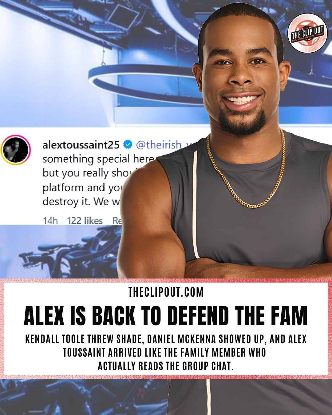 Alex Toussaint Daniel McKenna comment alex is back to defend the fam Kendall Toole threw shade, Daniel McKenna showed up, and Alex Toussaint arrived like the family member who actually reads the group chat. Image of Alex Toussaint over a photo of the PSNY bike studio and an Instagram comment directed to Daniel McKenna
