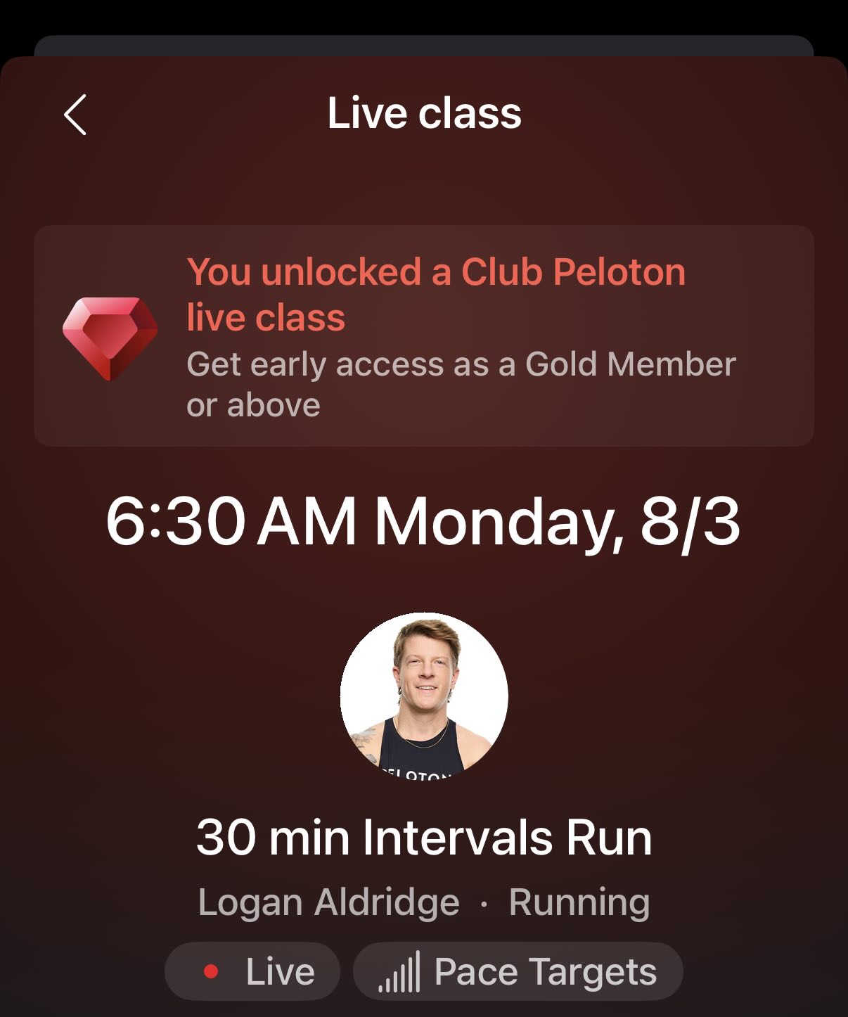 Logan Aldridge Club Peloton live class notification for Gold members