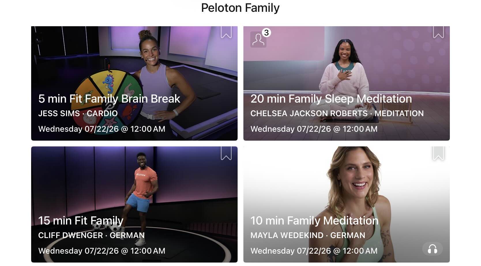 Peloton Fit Family classes lineup showing four new July sessions in the app