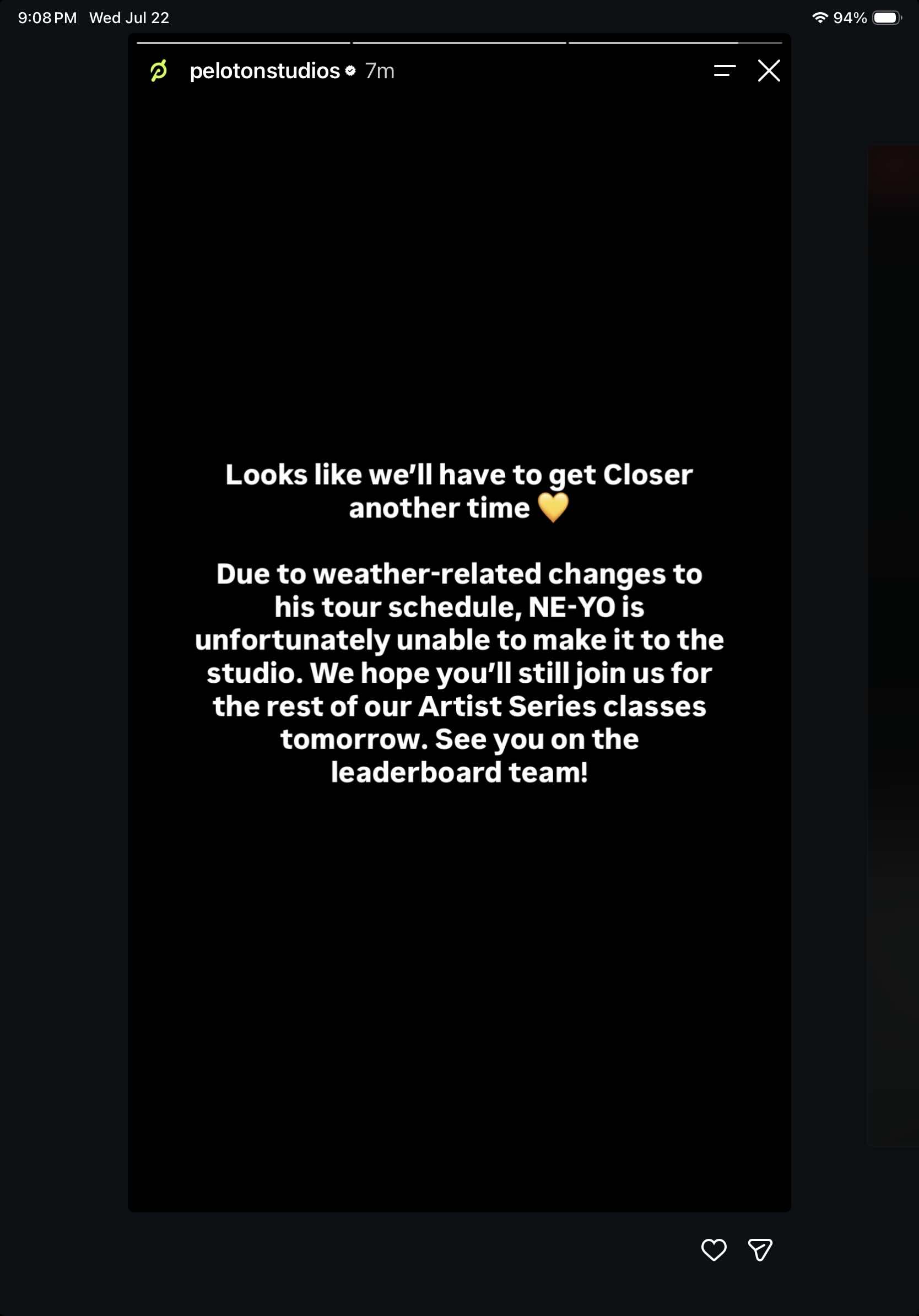 Peloton Studios Instagram post announcing Ne-Yo Alex Toussaint Ride studio change