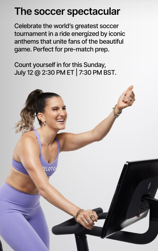 Camila Ramón Soccer Spectacular Ride promotional graphic showing the Peloton instructor pointing during a cycling class