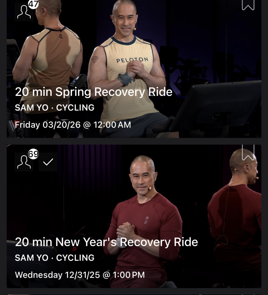 Peloton Seasonal Recovery Rides collection tile showing 11 classes in Cycling