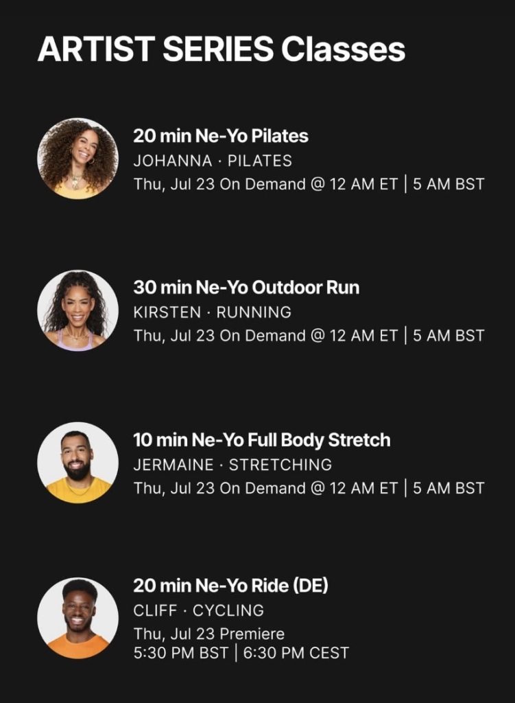 Ne-Yo Artist Series class cards for Pilates with Johanna, Outdoor Run with Kirsten, Full Body Stretch with Jermaine, and Ride with Cliff