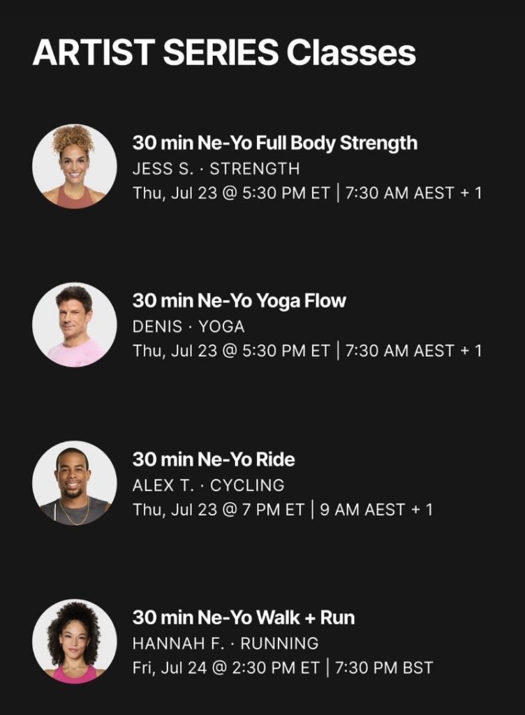 Ne-Yo Artist Series class cards for Full Body Strength with Jess S., Yoga Flow with Denis, Ride with Alex Toussaint, and Walk plus Run with Hannah F.