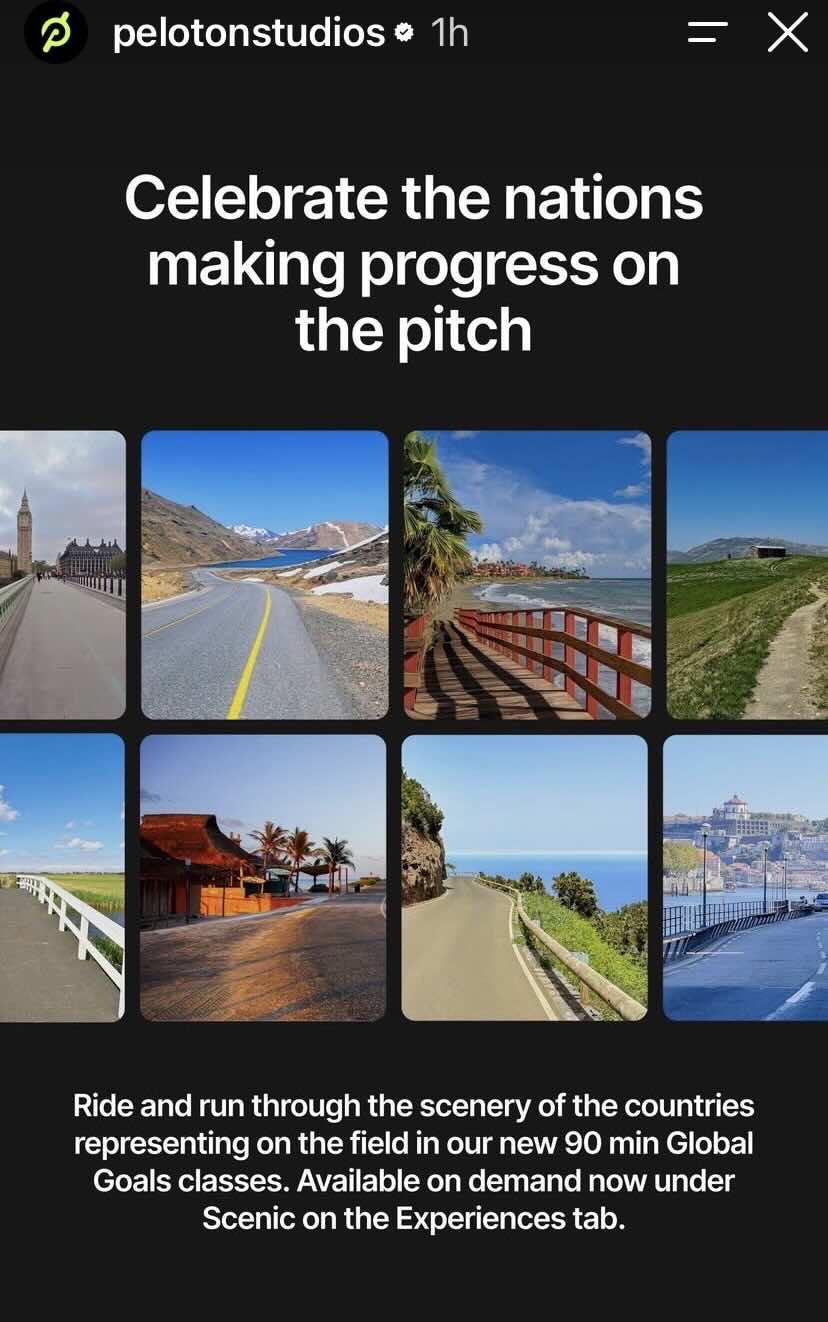 Peloton Global Goals class Instagram announcement showing scenic World Cup nation routes