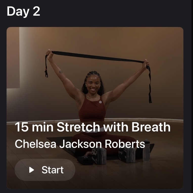 Stretch with Breath Program review lead image of Chelsea Jackson Roberts guiding a stretch and breathwork class
