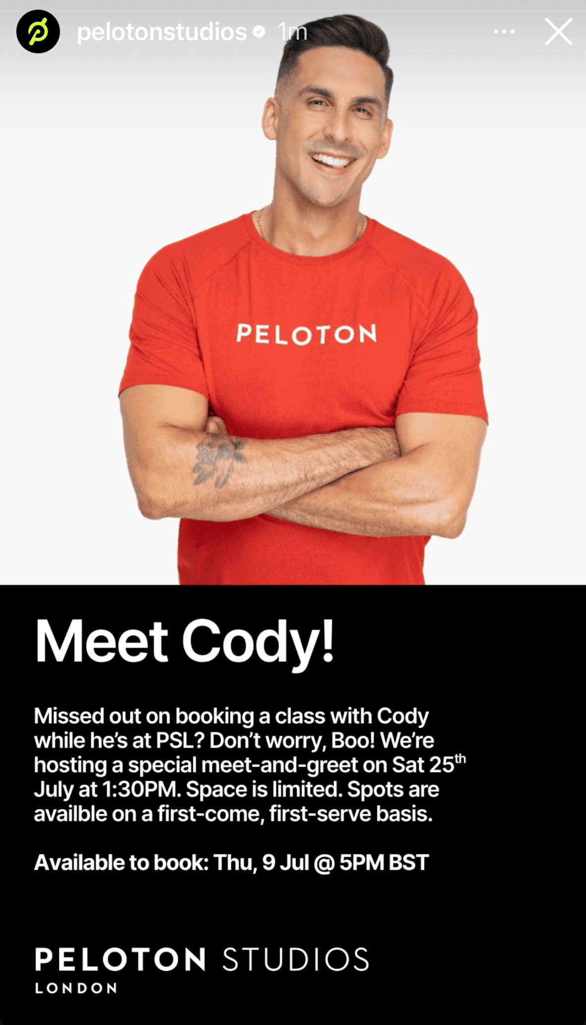 Cody Rigsby meet and greet announcement for Peloton Studios London