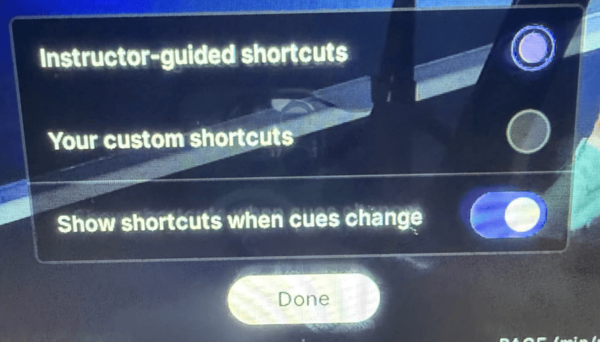settings menu for Tread Instructor-Guided Pace Shortcuts