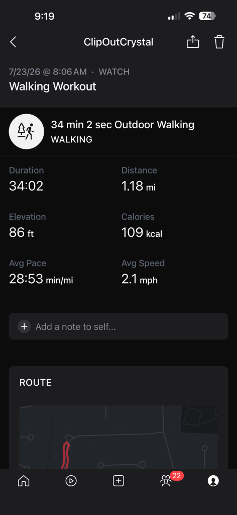 Peloton app for Apple Watch Metrics after the walk was complete