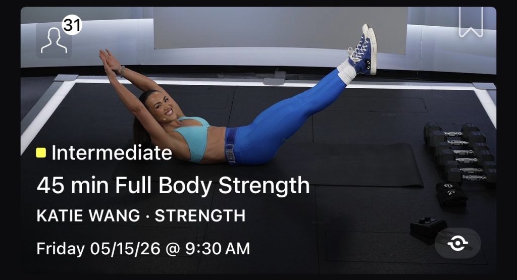 Katie Wang teaching a Full Body Strength class on Peloton, May 15, ahead of her new strength series