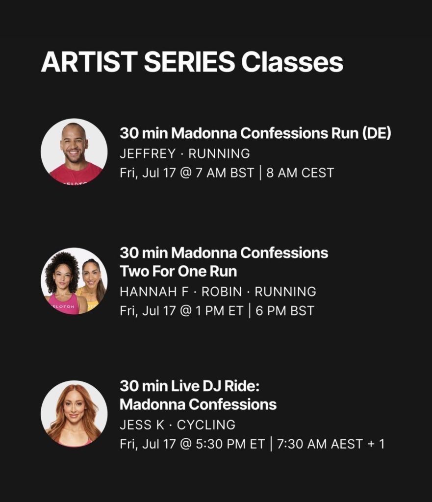 Madonna Confessions Artist Series class schedule with instructors and times