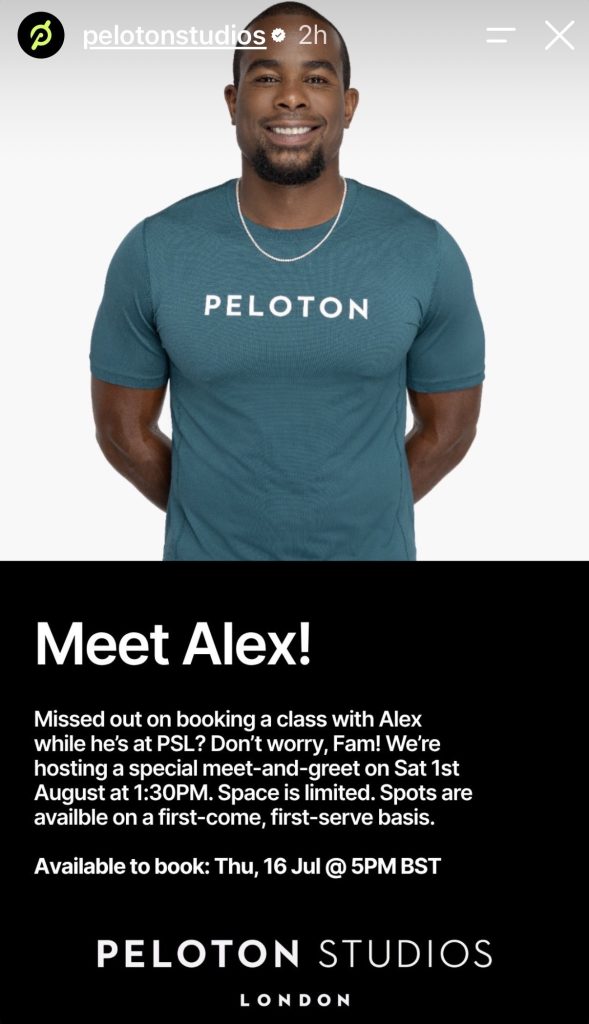 Alex Toussaint Meet and Greet announcement for Peloton Studios London