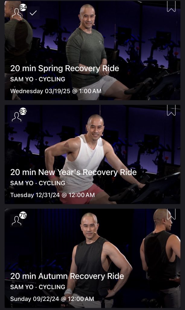 Peloton Seasonal Recovery Rides collection tile showing 11 classes in Cycling
