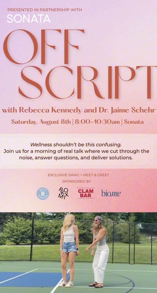 Rebecca Kennedy and Dr. Jaime Schehr laughing together while promoting their Off Script event series