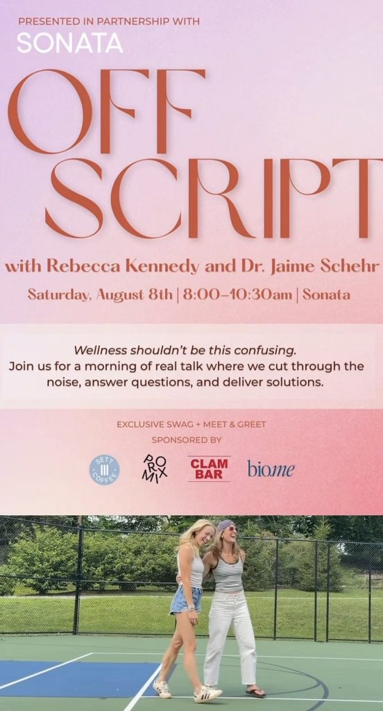 Off Script Amagansett event flyer featuring Rebecca Kennedy, Dr. Jaime Schehr, and Sonata sponsors
