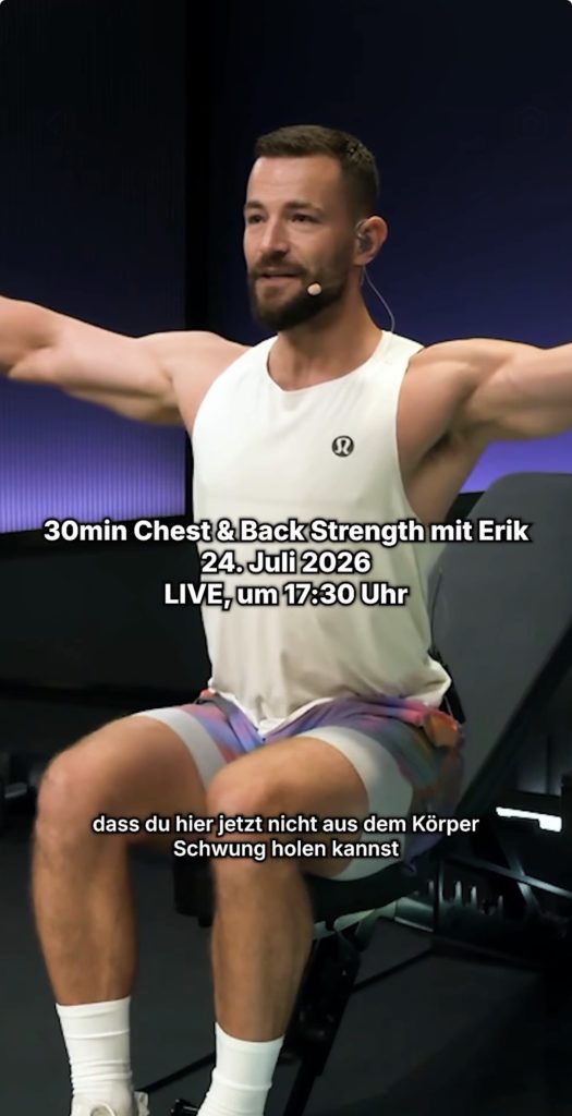 Peloton Strength with Bench class preview showing Erik Jäger's July 24 Chest and Back Strength session