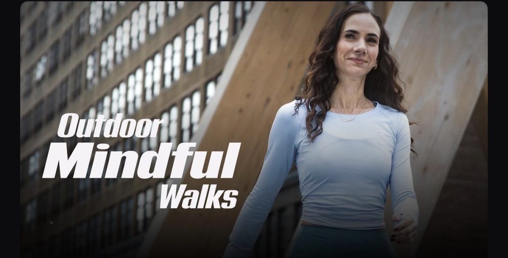 Peloton Outdoor Mindful Walks banner featuring an instructor walking outdoors