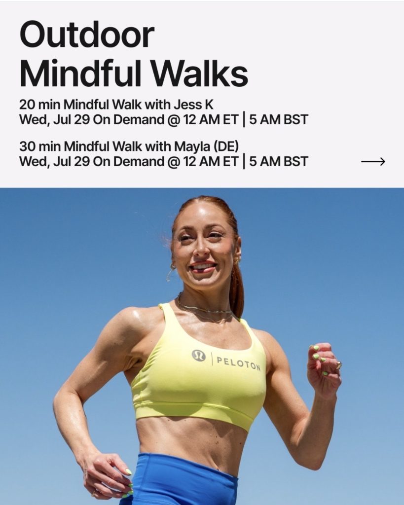 Peloton Outdoor Mindful Walks schedule showing new classes with Jess King and Mayla