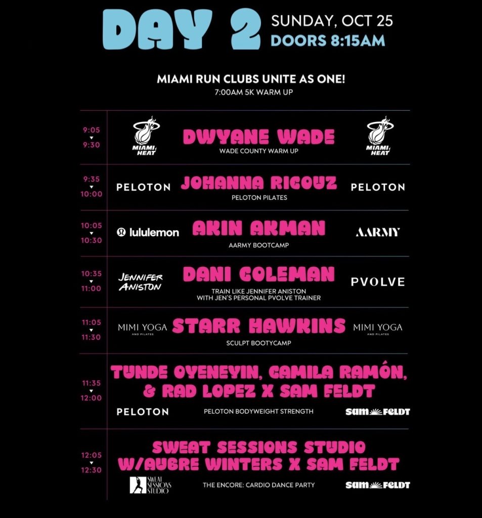 Faces of Fitness Miami promo code Day 2 schedule showing Johanna Ricouz and Peloton Bodyweight Strength