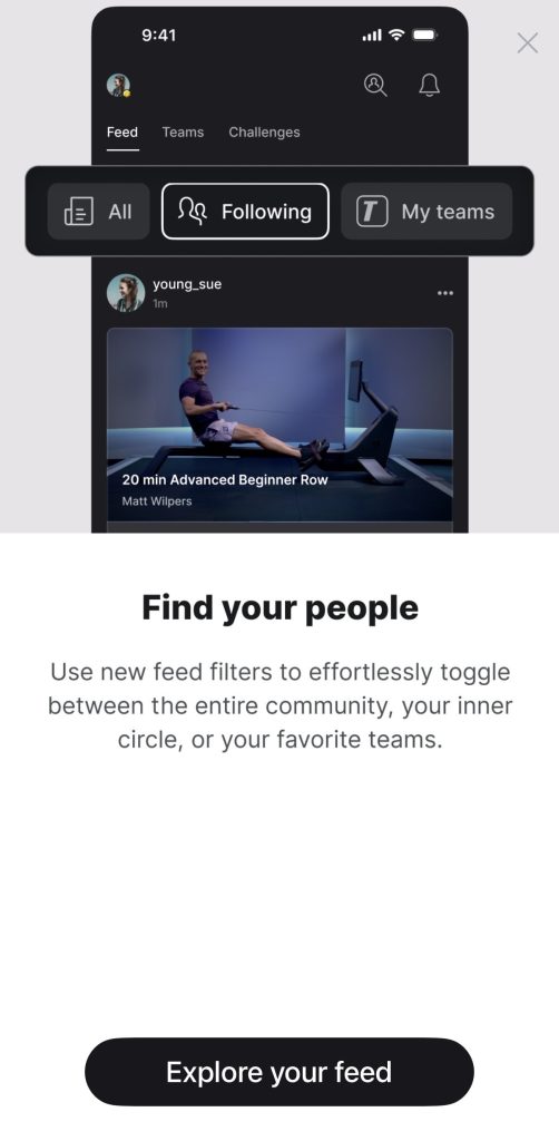Peloton Following Tab introduction screen inviting members to explore the new Feed filters