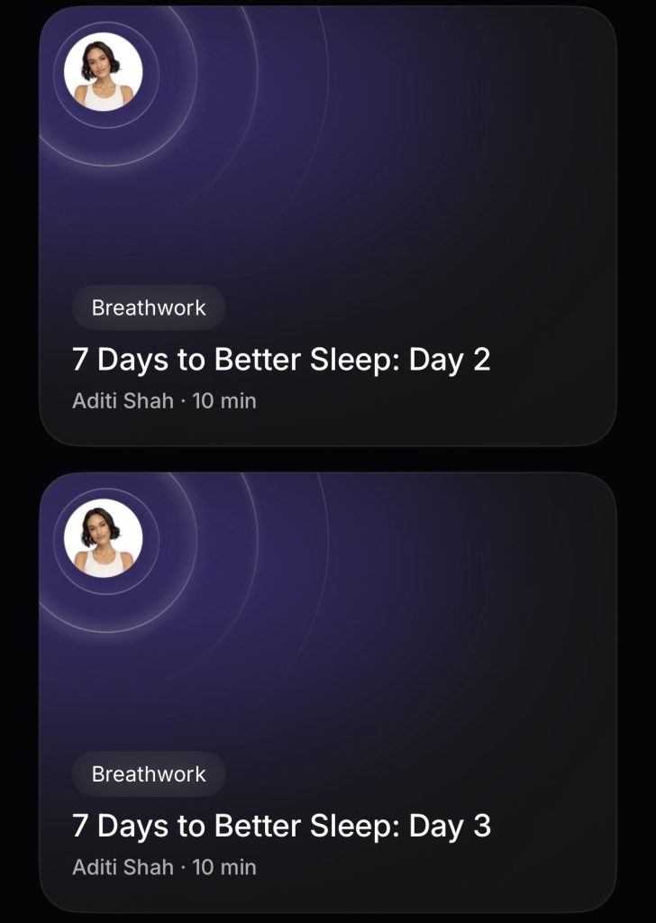 7 Days to Better Sleep Day 2 and Day 3 class cards on Peloton Breathwrk