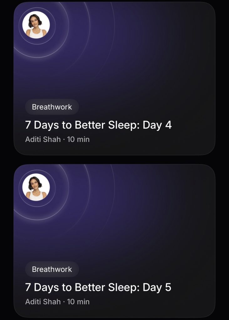 7 Days to Better Sleep Day 4 and Day 5 class cards on Peloton Breathwrk