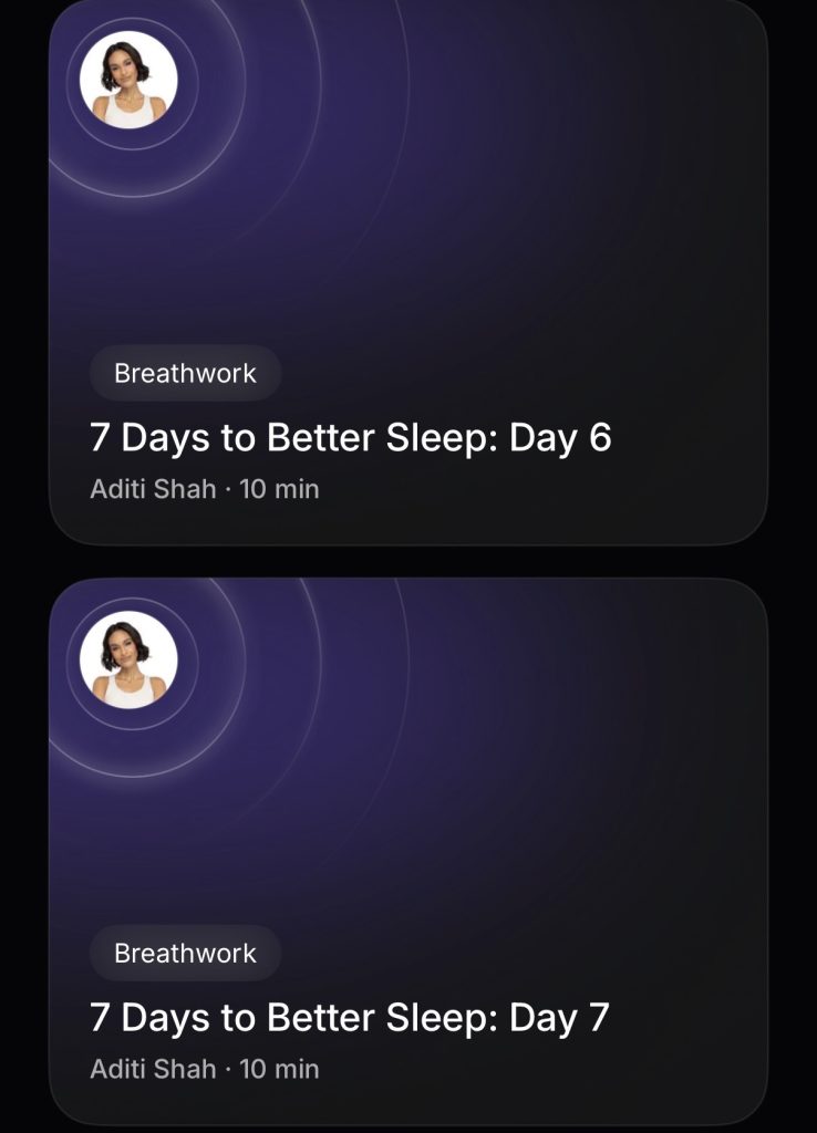 7 Days to Better Sleep Day 6 and Day 7 class cards on Peloton Breathwrk
