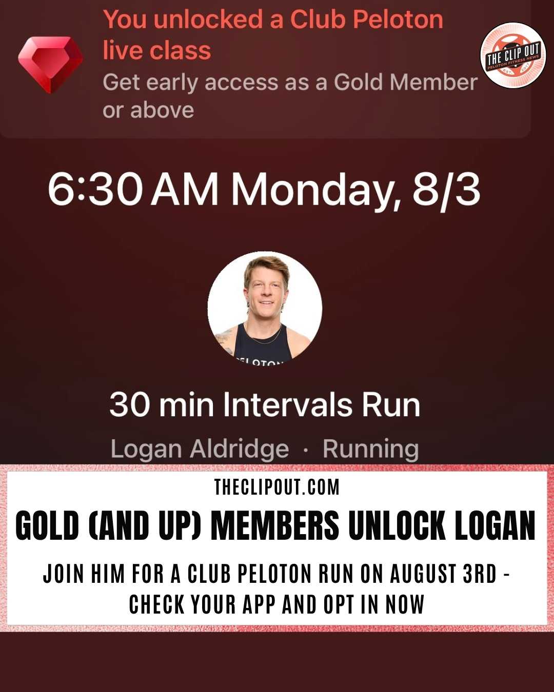 Logan Aldridge Club Peloton live class notification for Gold members
