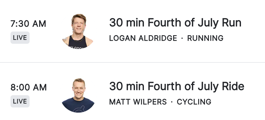 Peloton Fourth of July Classes - Live Options