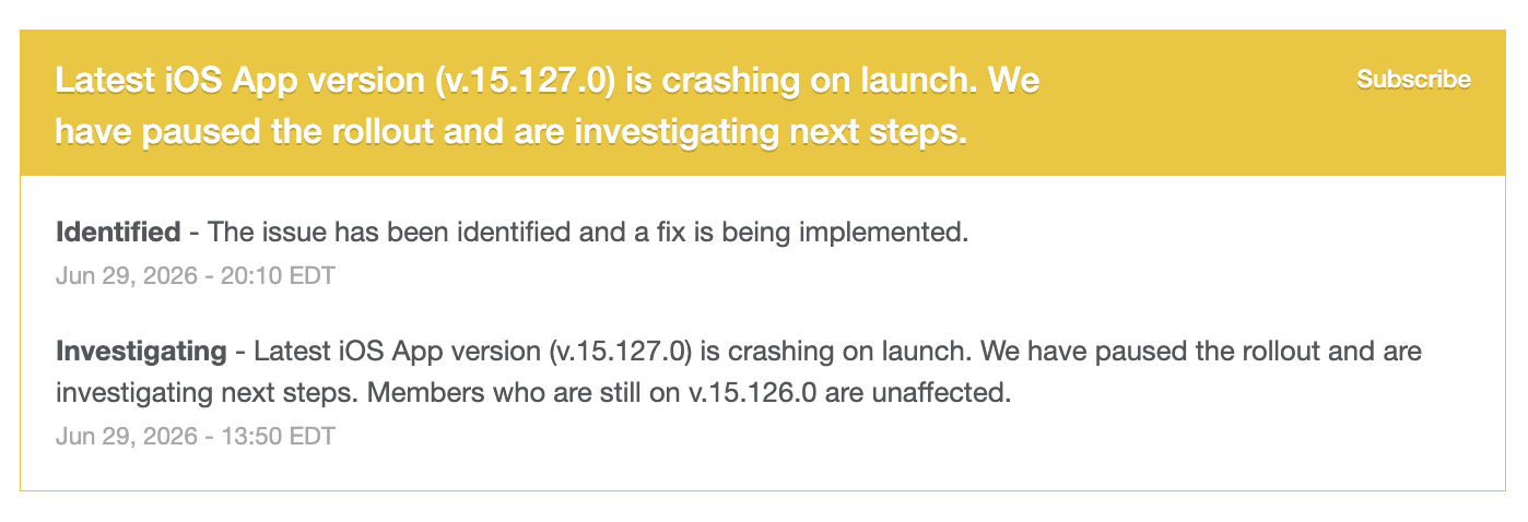 Peloton status page showing iOS App Crashing issue for version 15.127.0