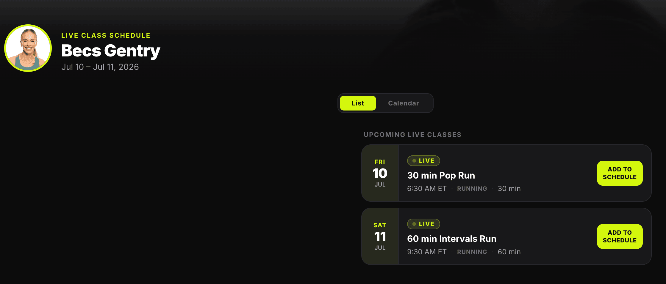 Screenshot of a Peloton live class schedule page showing an instructor's upcoming classes