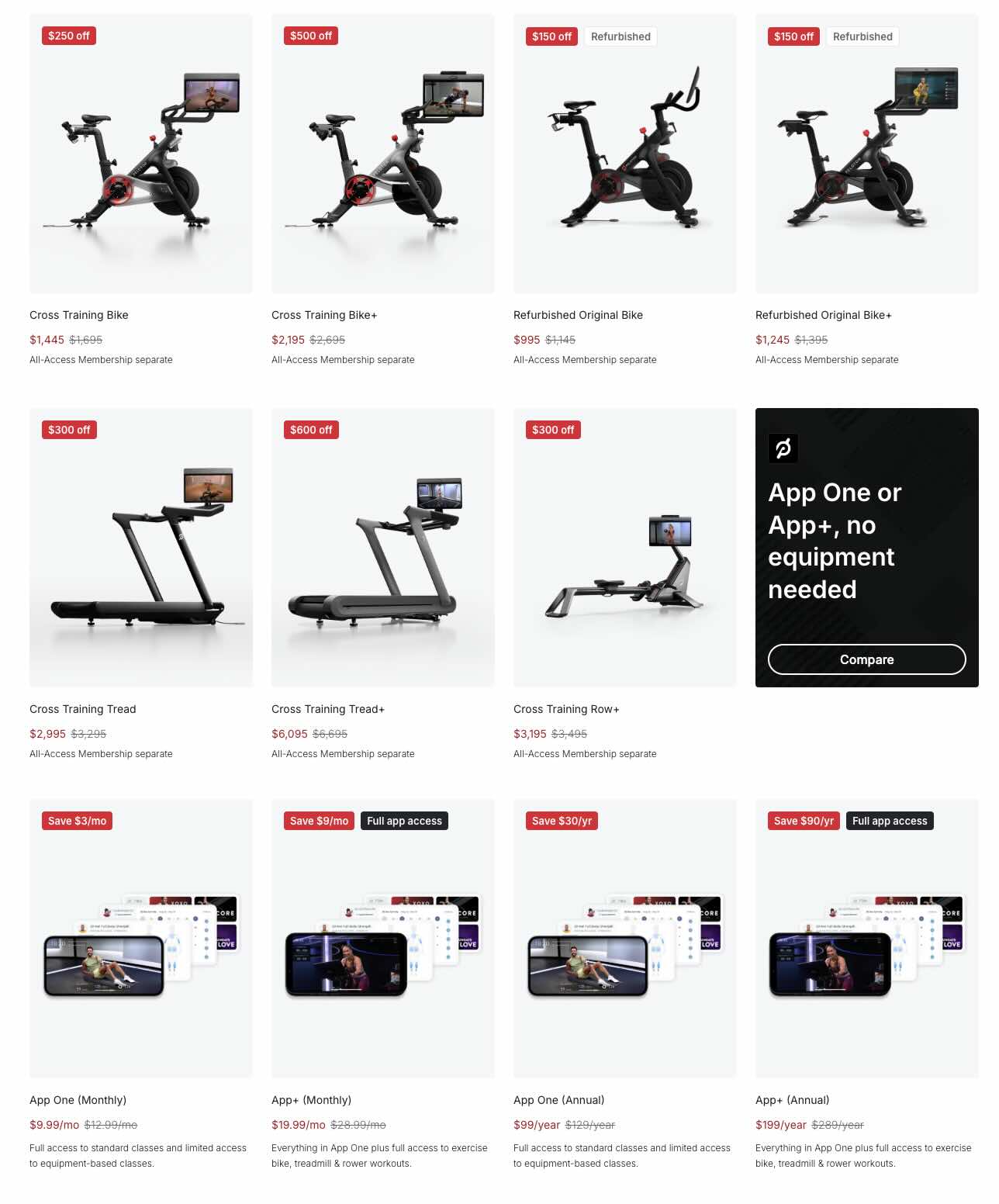 Peloton senior discount website showing discounts