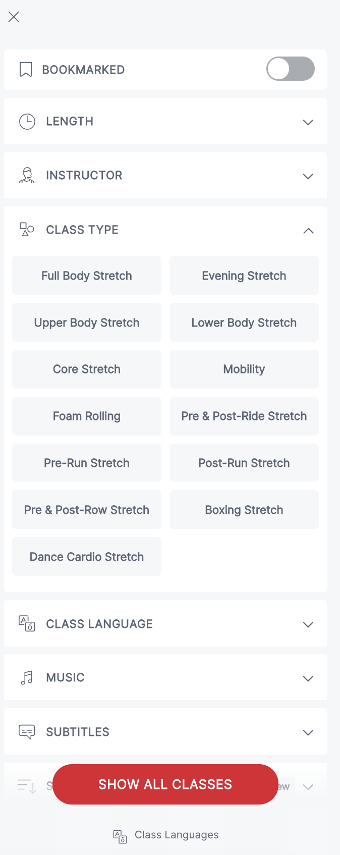 Peloton Stretch Class filters menu showing new Boxing Stretch and Dance Cardio Stretch options