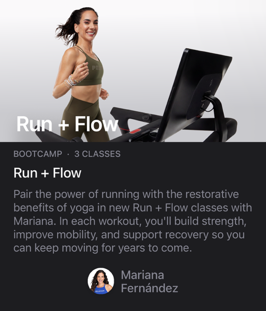 Peloton Run and Flow Class 4 collection card showing the Tread Bootcamp series with instructor Mariana Fernande
