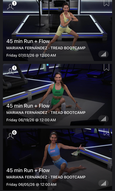 Peloton Run and Flow Class 4 series schedule showing the first three Tread Bootcamp classes with Mariana Fernandez