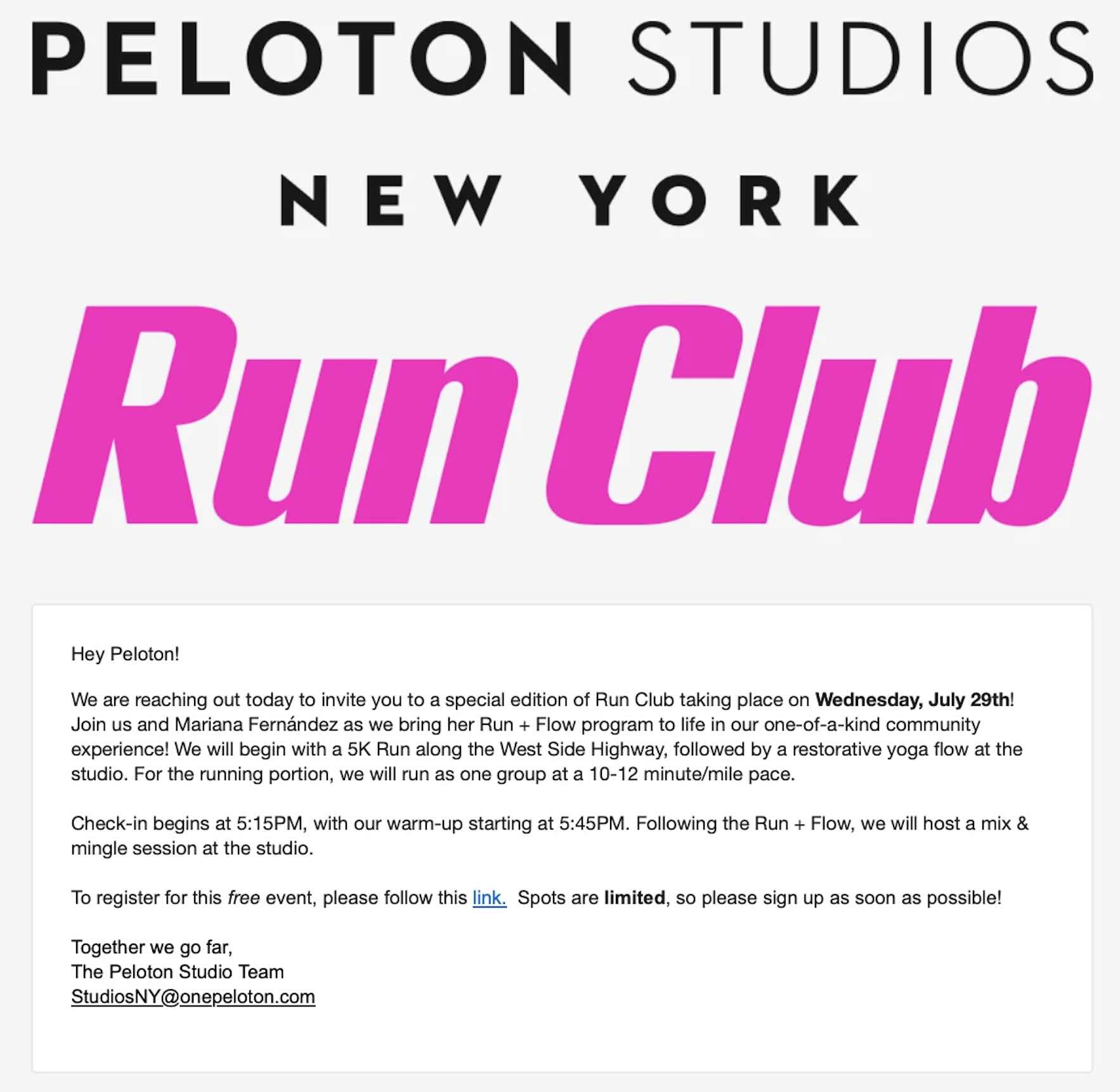 Mariana Fernandez Run Club invitation email from Peloton Studios New York