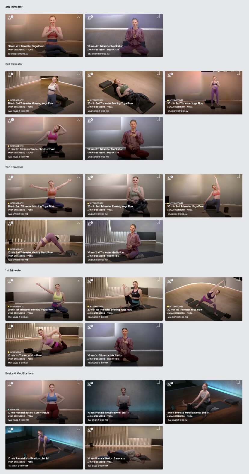 Peloton Prenatal Pilates - view of current classes in Anna's Collection