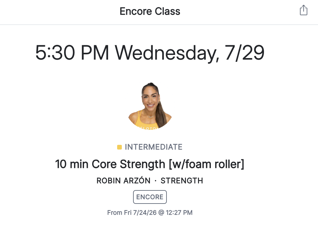 Peloton prop labeling shown in Robin Arzón's foam roller Core Strength class title