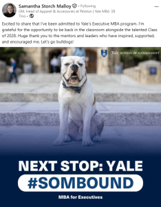 Yale MBA Announcement: Head of Peloton Apparel